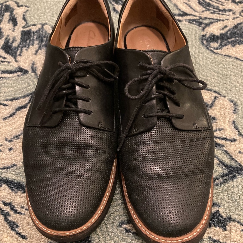 Clarks Black Perforated Leather Oxfords
